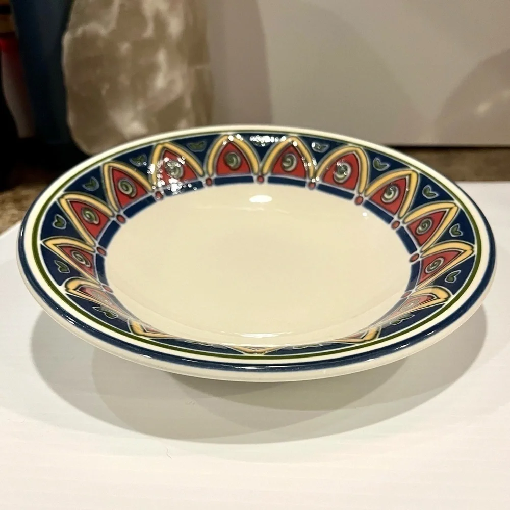 Pier 1 Bowl Red, Blue. Yellow Geometric Pattern 8 1/4 inches
